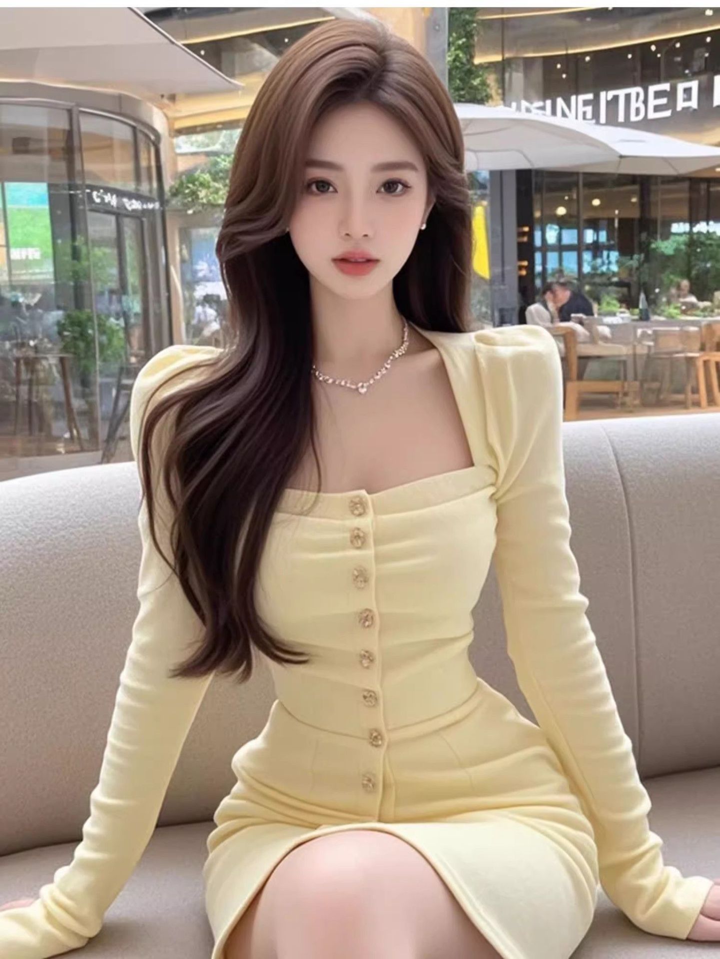 Yellow Mesh Square Neck Long Sleeve Dress with Hood
