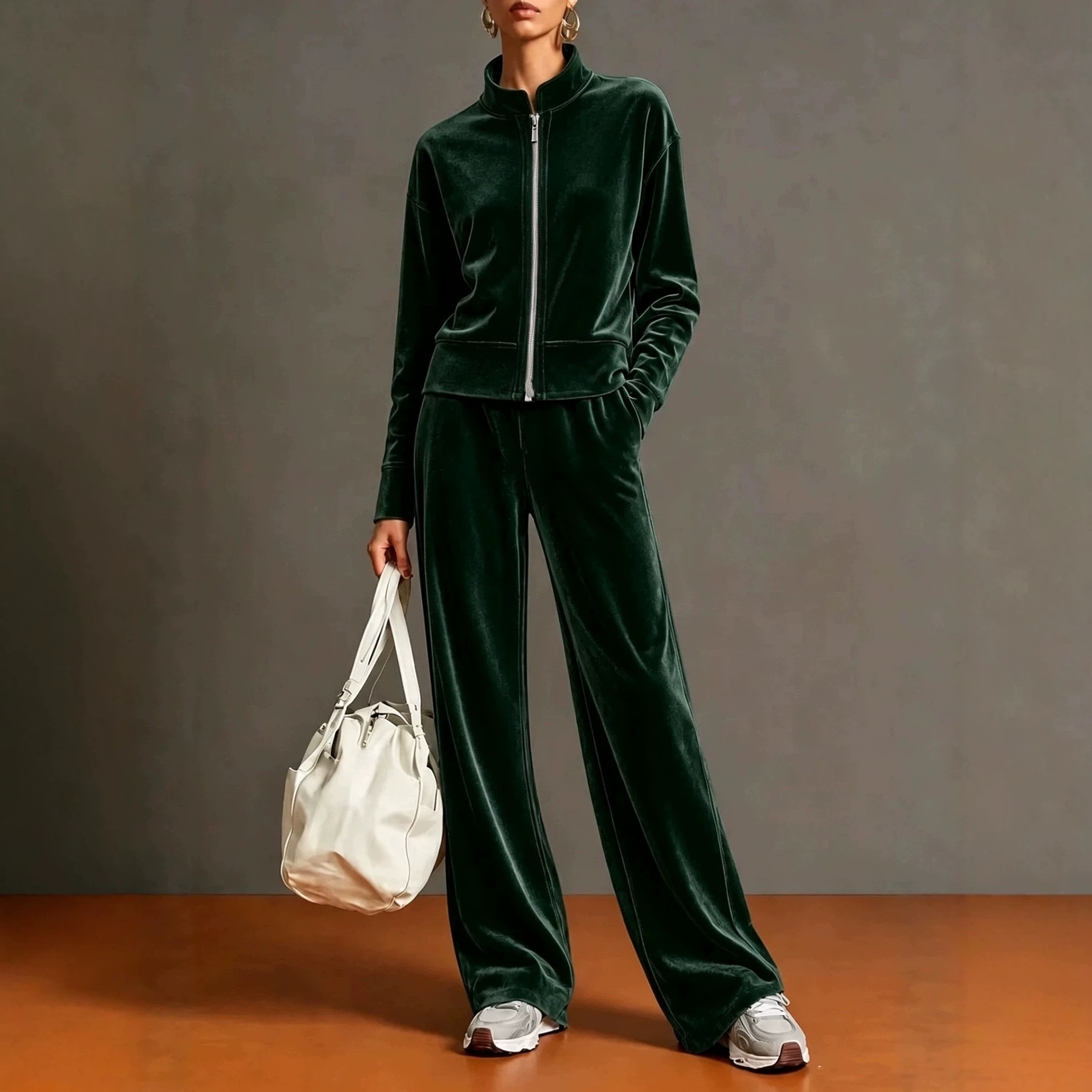 Women's Solid-color Stand-collar Cardigan And Zipper Hoodie Wide-leg Pants Set