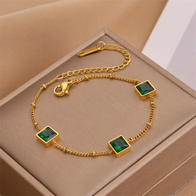 Niche Design Gold Square Emerald Zircon Titanium Steel Bracelet