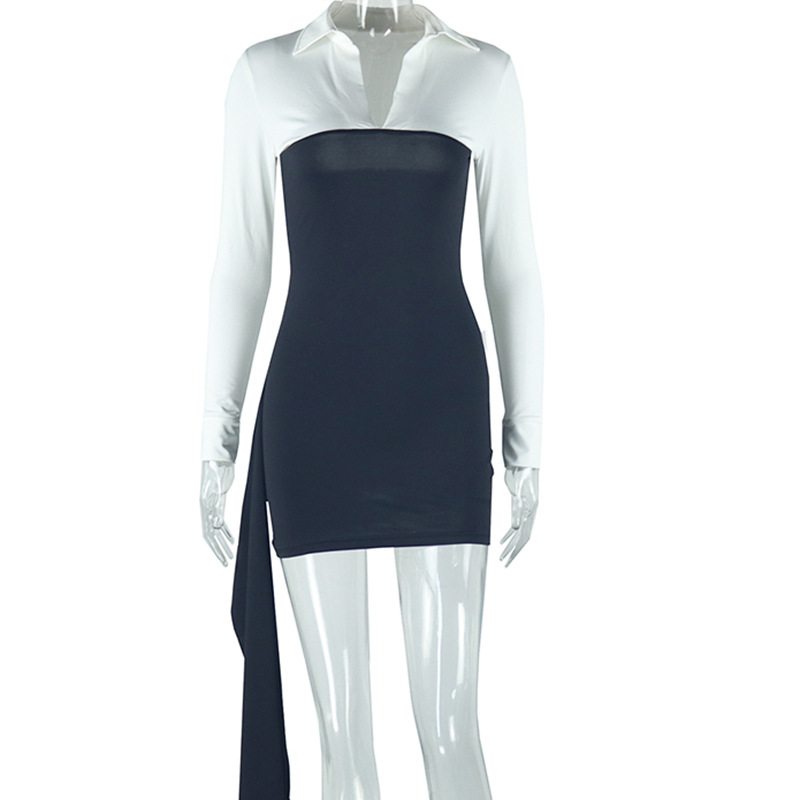 Black And White Color blocked Shirt Collar Bodycon Irregular Ribbon Skirt Black And White - Shop at LoveMi