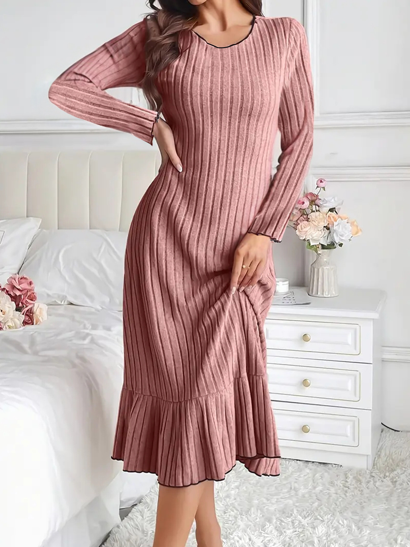 Women's Fashion Solid Color Ruffle Sleeve Long Dress Lotus Root Color - Shop at LoveMi