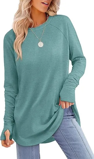 Solid Color Split finger Long sleeved Shirt Loose Mid length Mint - Shop at LoveMi
