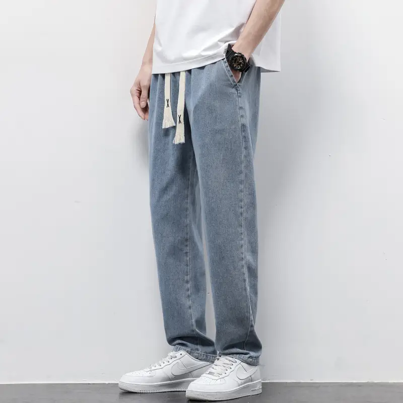 Summer Loose Wide Leg Jeans Pants Men Fashion Drawstring Elasticated Straight