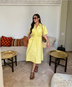 Women's Fashion Long Shirt Belt Dress - Yellow - View 1