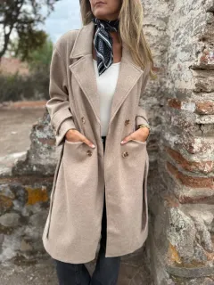 Autumn And Winter Lacing Cardigan Casual Long Sleeve Lapel Woolen Pocket Coat Women - Khaki - View 1