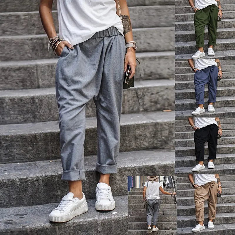 Women's Casual Pants with Pockets Elastic High Waist Harem