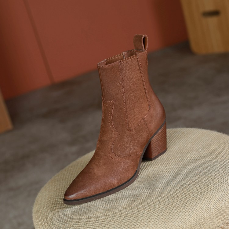 Womens Retro Pointed-toe Ankle Boots With Elastic Band And Chunky Heel