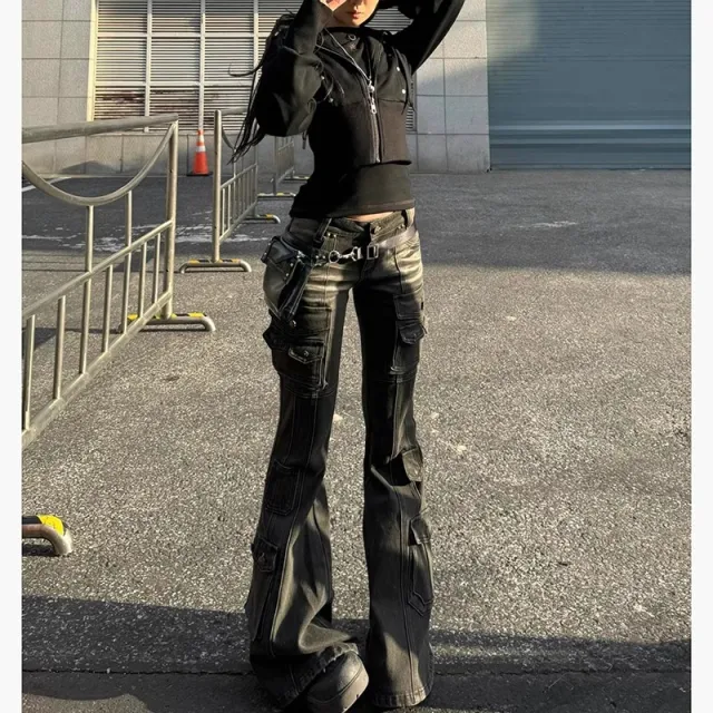 American Retro Multi pocket Low waist Slightly Flared Pants Bootcut Trousers - Shop at LoveMi
