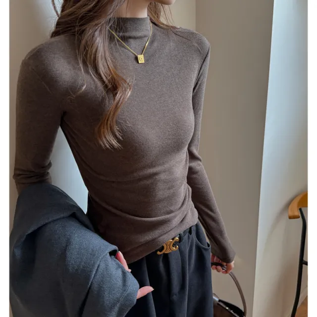 Women's Fashion Semi high Neck Long Sleeve Base Shirt American Coffee - Shop at LoveMi