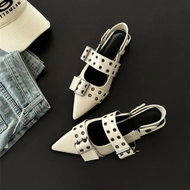 Women's French Pointed toe Ma Retro Mid thick Heel Leather Shoes Cream - Shop at LoveMi