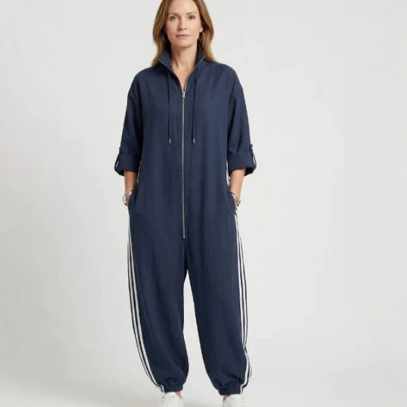 Fashionable Striped Color-block Jumpsuit With A Zip-up Stand-up Collar And Long Sleeves
