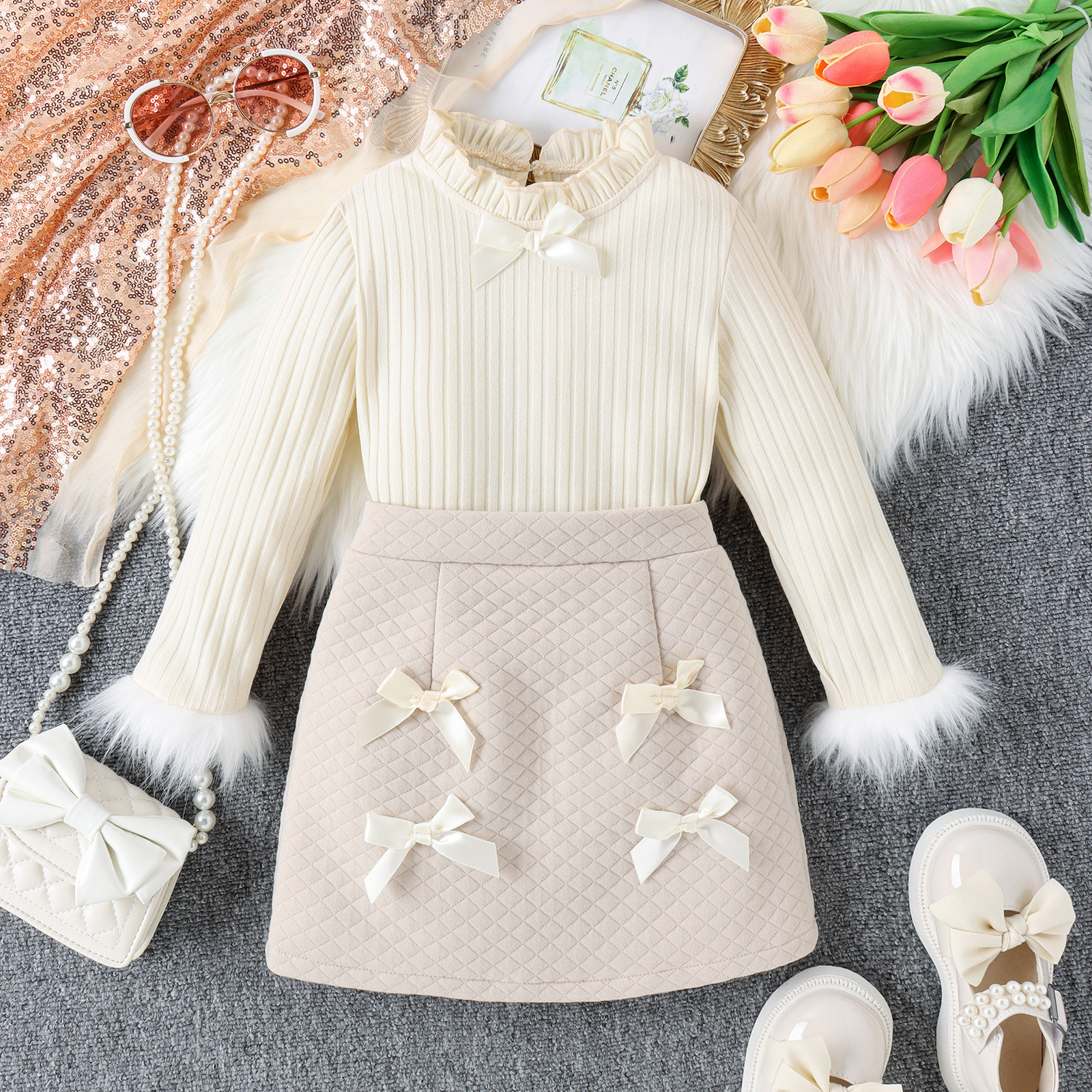 Girls' Knitted Sweater And Skirt Two-piece Set