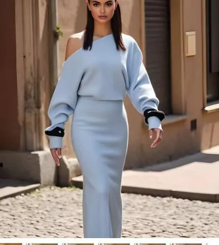 European And American Sexy Women's New Off the shoulder Long Sleeve Slim Dress Blue - Shop at LoveMi