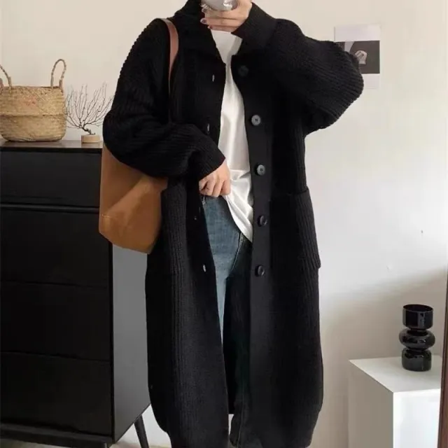 Turtleneck Sweater Women's Single breasted Solid Color Long Sleeve Coat Black - Shop at LoveMi