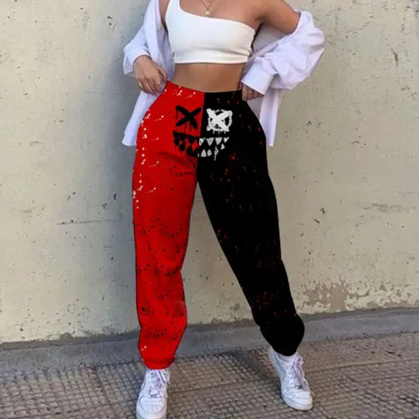 Loose High Waist Graffiti Printing Sports Casual Sweatpants Black And Red - Shop at LoveMi