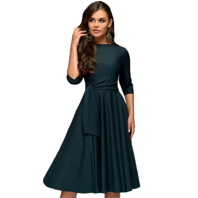 Autumn New Roun Neck Mi Sleeve Lace Up Waist Retro Elegant L Green - Shop at LoveMi