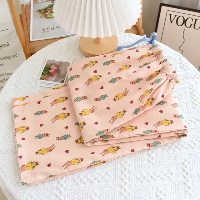 Brushed Flannel Loose Pure Cotton Cartoon Printed Pajama Pants For Women Long Eared Rabbit - Shop at LoveMi