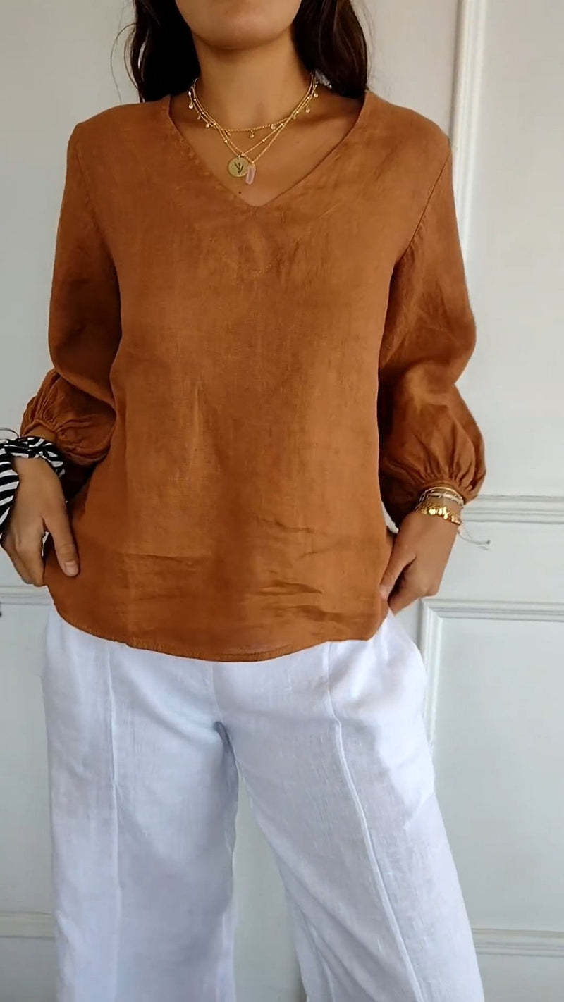 Womens Solid-Color V-Neck Long-Sleeve T-Shirt