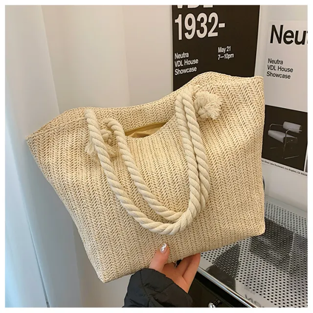 Women's Fashion Straw Large Capacity Shoulder Handbag White - Shop at LoveMi