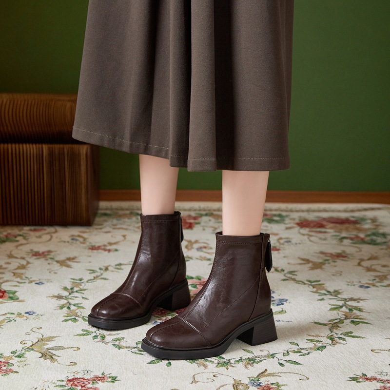 Womens Hidden-Heel 8cm Square-Toe Chunky-Heel Ankle Boots