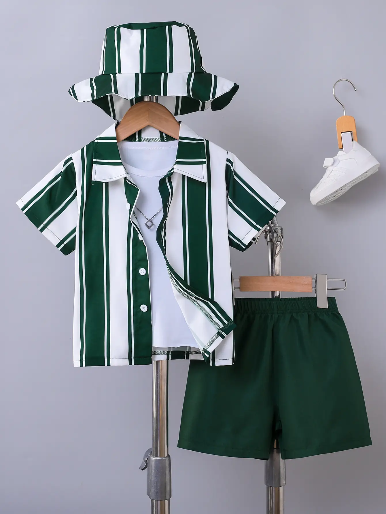 Boys Green And White Striped Short-sleeve Shirt And Shorts Set
