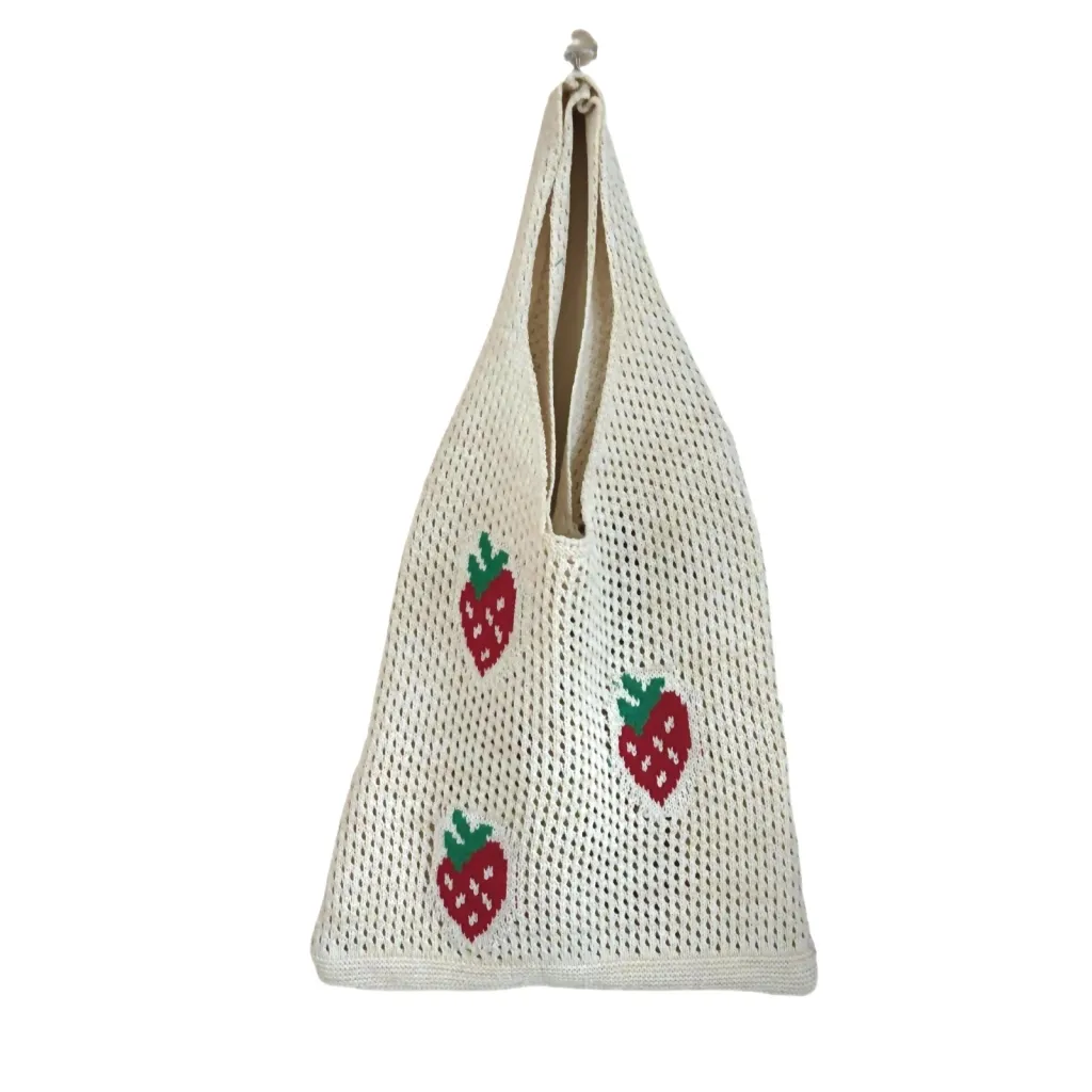 Japanese And Korean Strawberry Knitted Hollow Bag - White