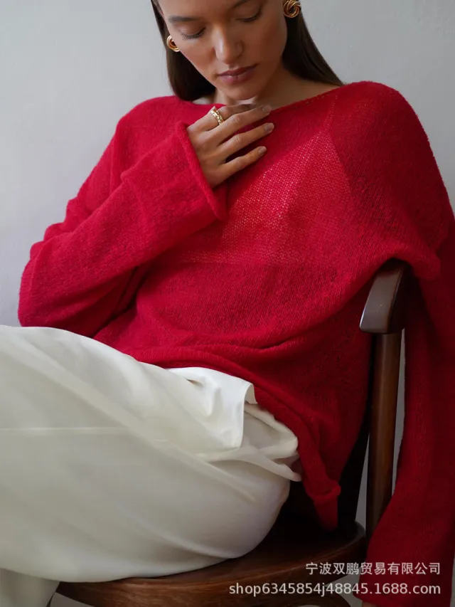 European And American Style Autumn New Openwork Knitted Top Red - Shop at LoveMi