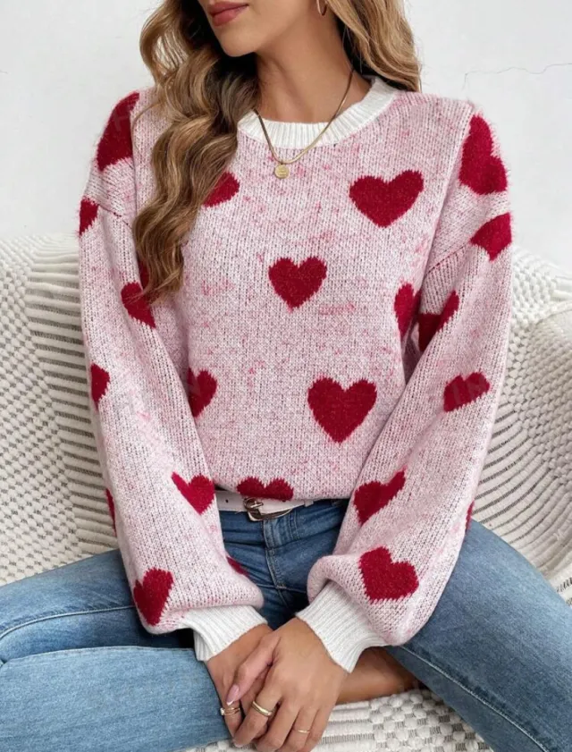 Round Neck Pullover All matching Love Contrast Color Loose Casual Knitted Long Sleeve Pink - Shop at LoveMi
