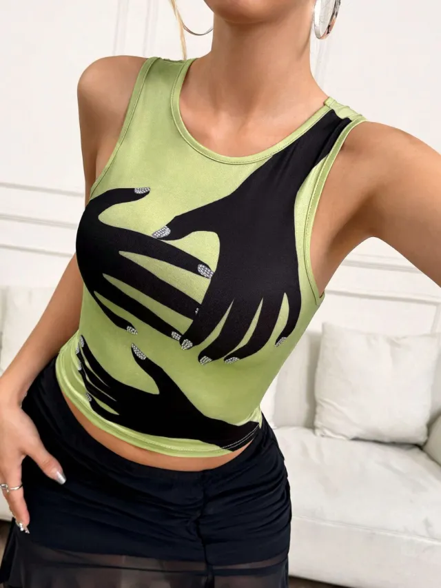 Y2K Printed Tank Vest INS Fashion Streetwear Round Neck Sleeveless Top Summer Women's Clothing Green - Shop at LoveMi