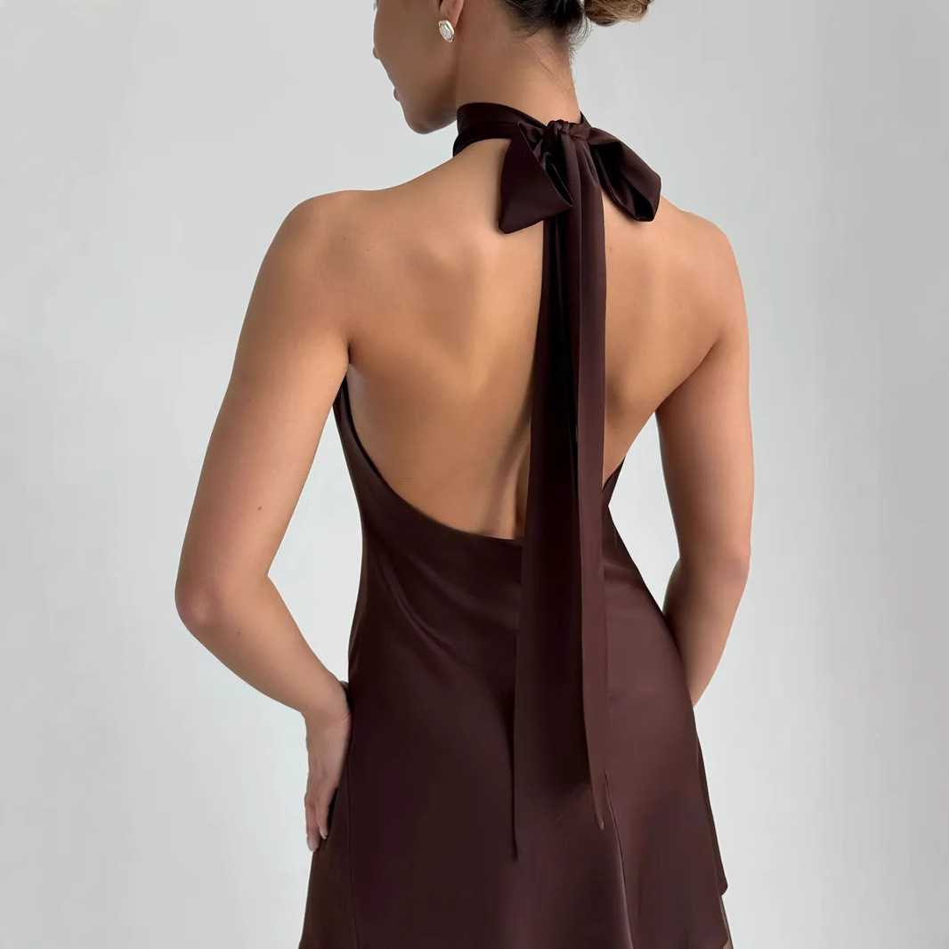 Women's Sleeveless Dress Satin Halter Mid-length