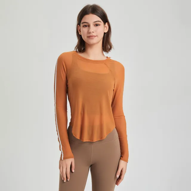 Sports T shirt Mesh Quick drying Long Sleeve Slim Fit Breathable Running Fitness Top Yoga Clothes Blouse Sweet Tea Orange - Shop at LoveMi
