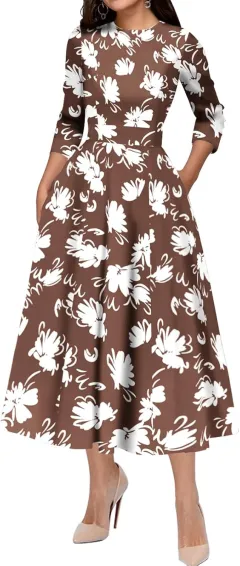 Slim Fit Waist Retro Printed Dress Women With Pockets - 5 Flowers-Xl - View 1