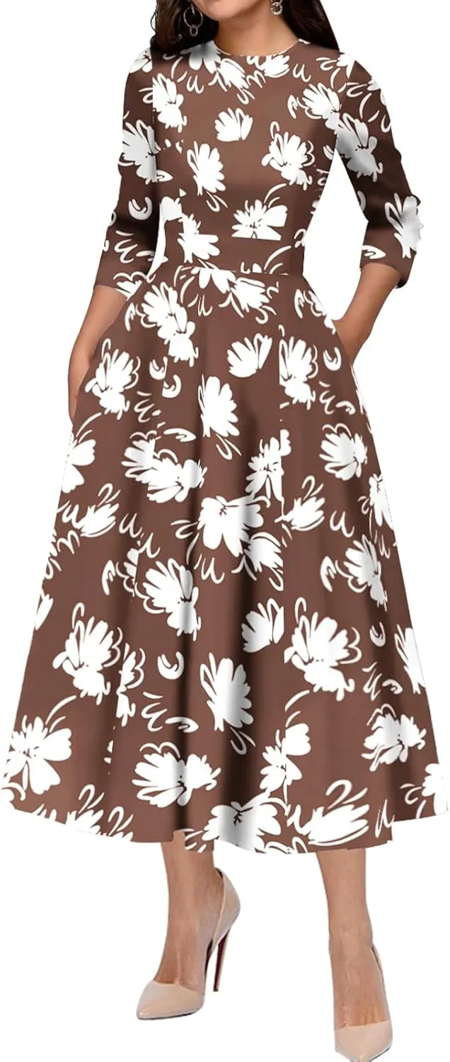 Slim Fit Waist Retro Printed Dress Women With Pockets - 5 Flowers-Xl