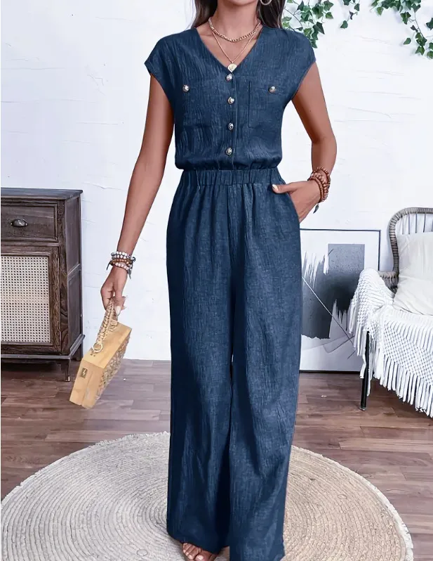 All matching V neck Buttons Elastic Waistband Slimming Temperament Jumpsuit Dark Blue - Shop at LoveMi