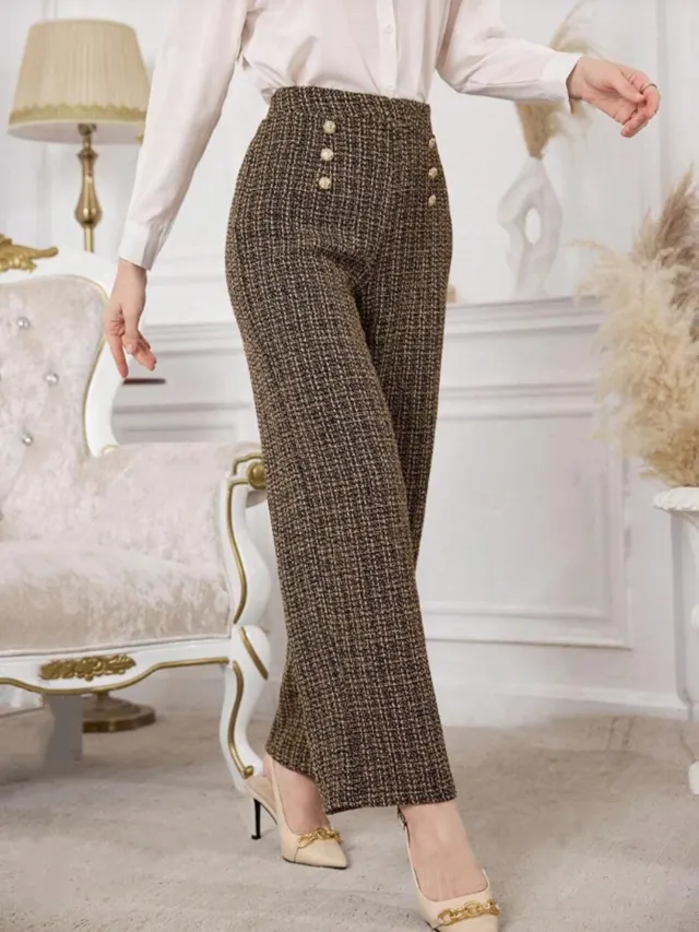 Versatile Classic Style Plaid Double breasted Tweed High Waist Slimming Wide leg Pants Dark Brown - Shop at LoveMi