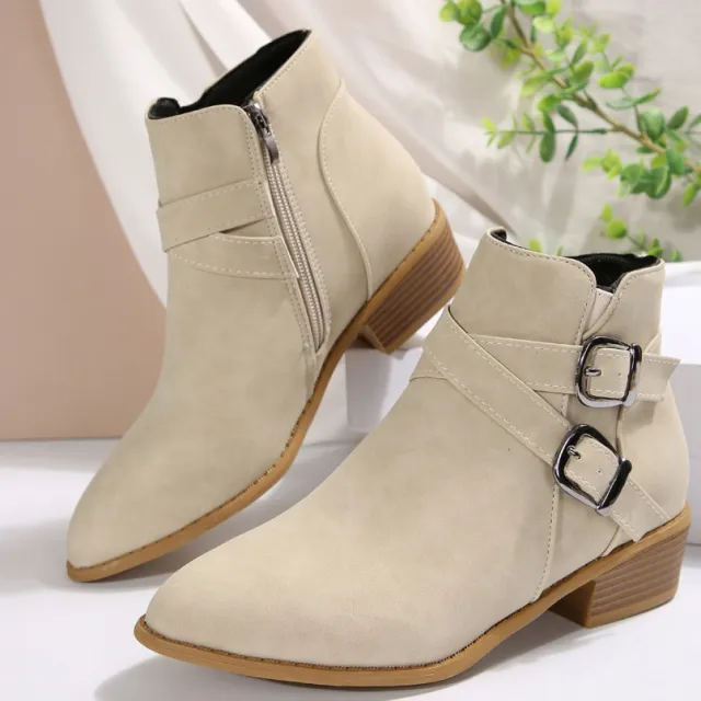 Fashionable Chunky Heel Leather Belt Clasp Side Zip Ankle Boots Beige - Shop at LoveMi