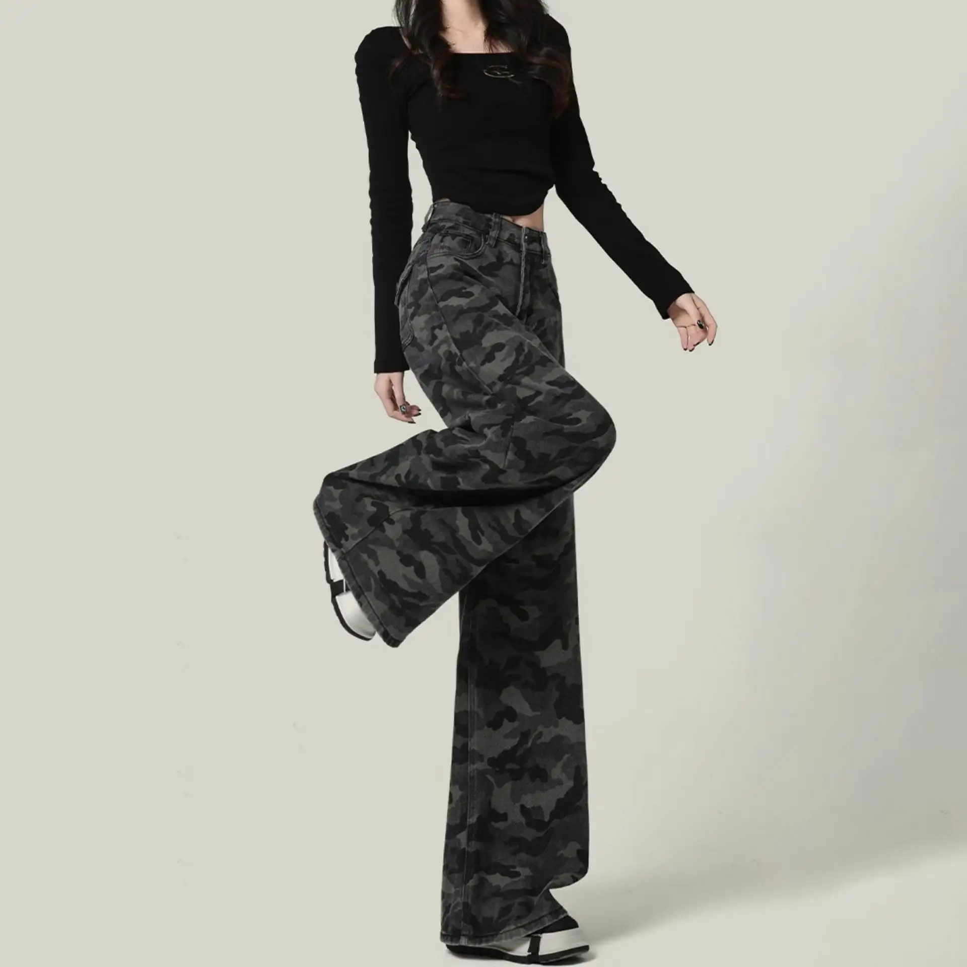 Women's American-style Wide-leg Camouflage Jeans