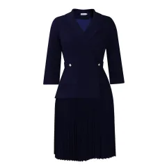 New Fashion Elegant Suit Collar Solid Color Pleated Dress - Blue - View 1