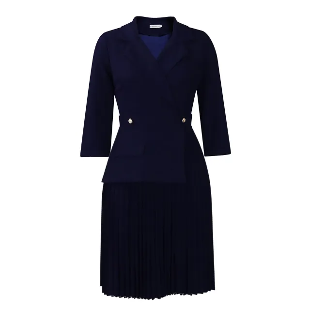 New Fashion Elegant Suit Collar Solid Color Pleated Dress Blue - Shop at LoveMi
