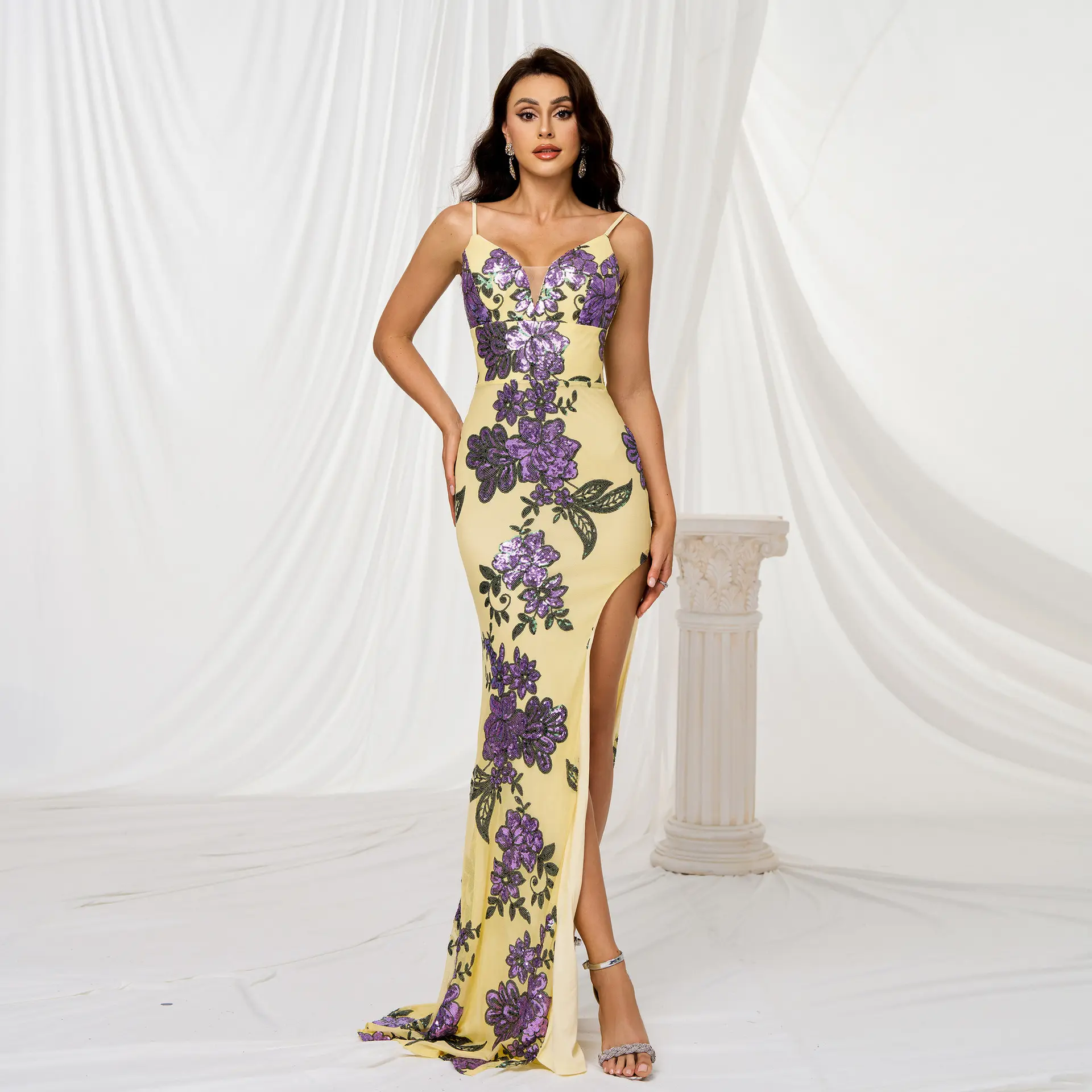 V-neck Brace Slim-fit Sheath Sequined Slit Evening