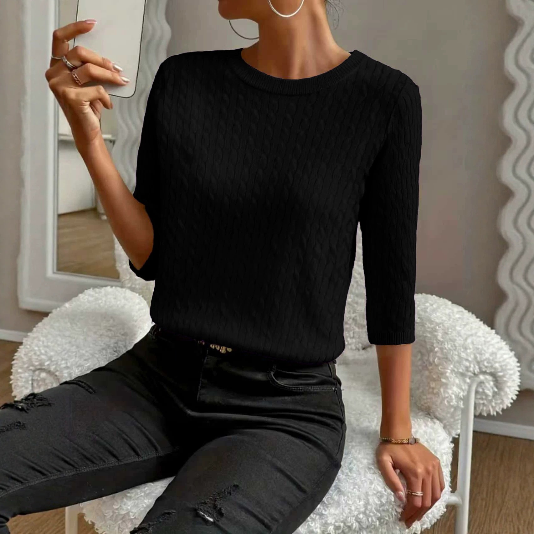 Round Neck Commuter Pure Color All-matching Sweaters Half Sleeve Multicolor
