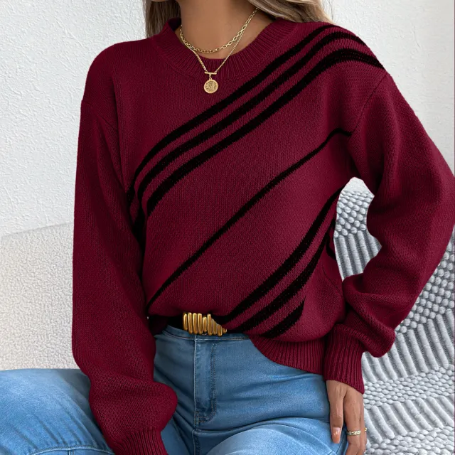 Women's Casual Striped Round Neck Lantern Long Sleeve Pullover Sweater Red - Shop at LoveMi
