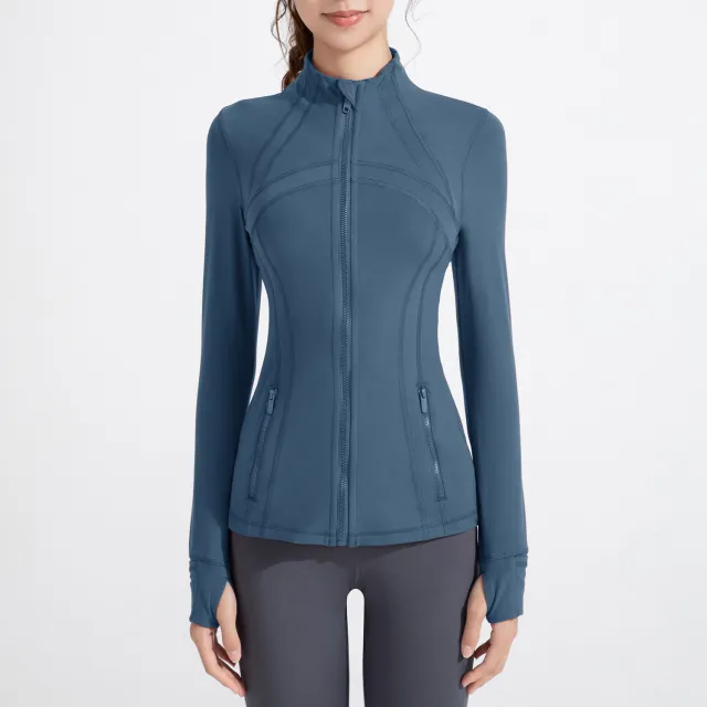Women's Stand Collar Sports Running Workout Long Sleeve Zipper Jacket Iron Blue - Shop at LoveMi
