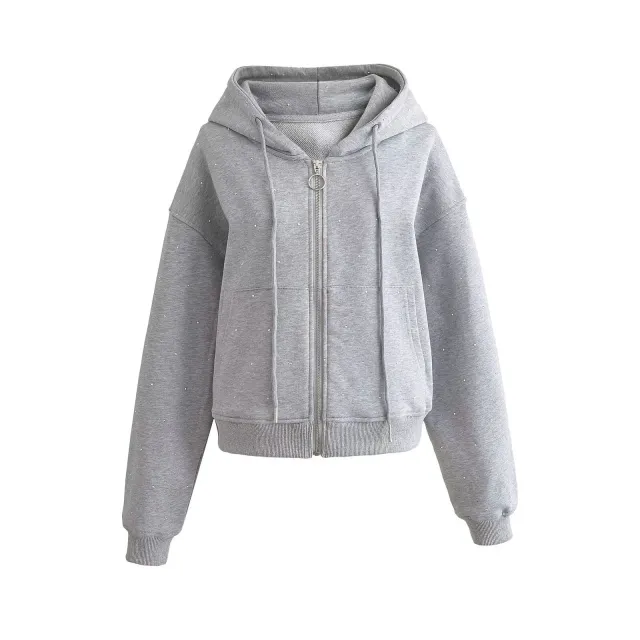 Summer New European And American Style Starry Rhinestone Hoodie With Drawstrings Coat Women's Sweater Gray - Shop at LoveMi