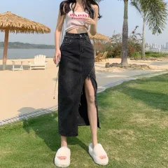 Irregular Slit Denim Skirt Female Ins Style Raw Edges Design - Black Gray - View 1