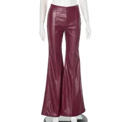 Leather Stitching Tight Flared Pants - Wine Red - View 1