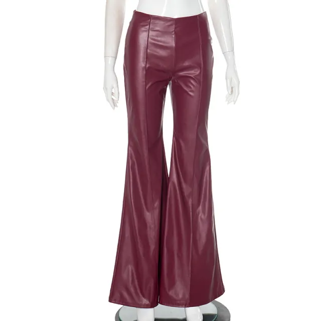 Leather Stitching Tight Flared Pants Red - Shop at LoveMi