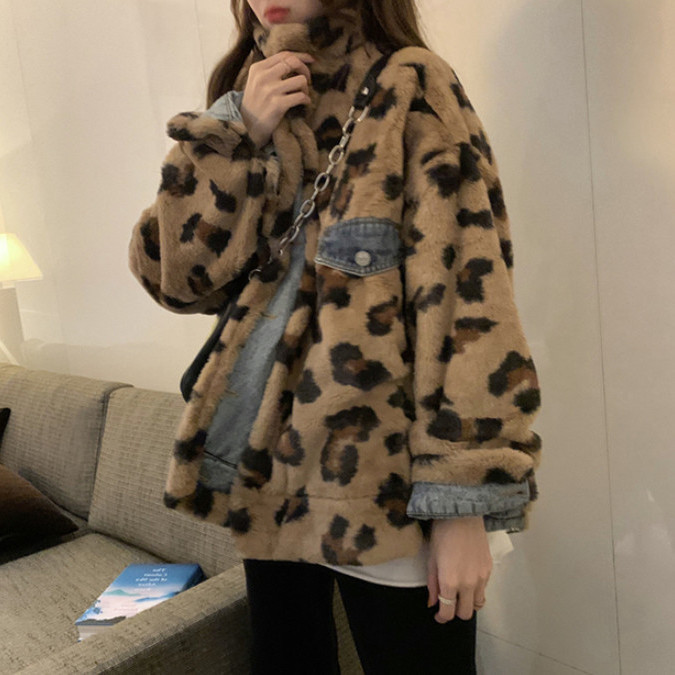 Double sided Lamb Wool Coat Winter Denim Cotton Coat Ins Leopard Print - Shop at LoveMi
