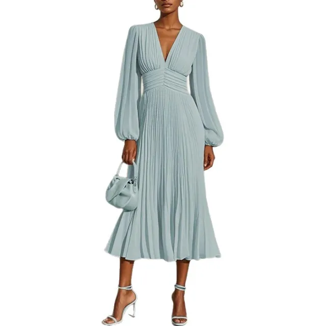 Pleated V neck Long Sleeve Chiffon Women's Dress Green - Shop at LoveMi