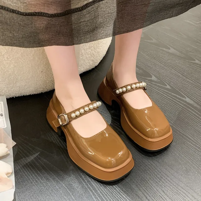 Thick Bottom Increased Word With Pearl Square Head Pumps Vintage Muffin Bottom British Caramel 36 - Shop at LoveMi